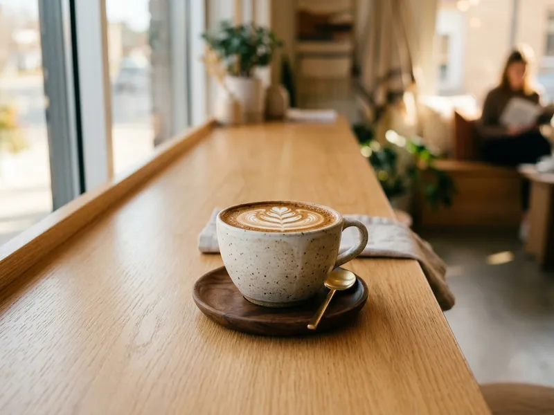 A modern minimalist speciality coffee bar in warm morning light