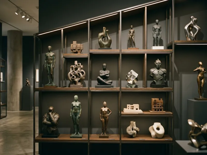 Glass display cases of collectible figurines and cards under gallery lighting