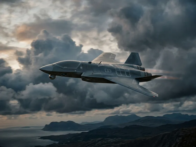 An autonomous defence aircraft and avionics at dusk